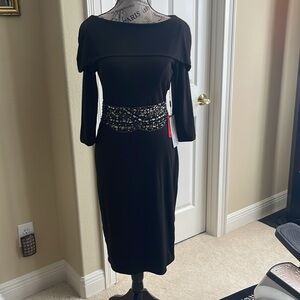 Cocktail black dress with detail sequence around waist back zipper new